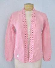 NOS w/tag vtg 60s Carol Brent pink open front cardigan sweater honeycomb trim 38