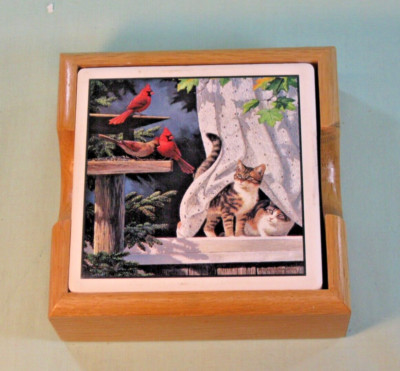 Cats Cardinals Coaster Set AbsorbaStone Tile Set of 4 w/ Holder