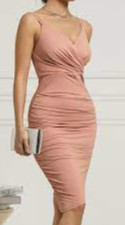 NEW YESTTO Women's Sexy V Neck Ruched Bodycon Spaghetti Strap Dress Size Small
