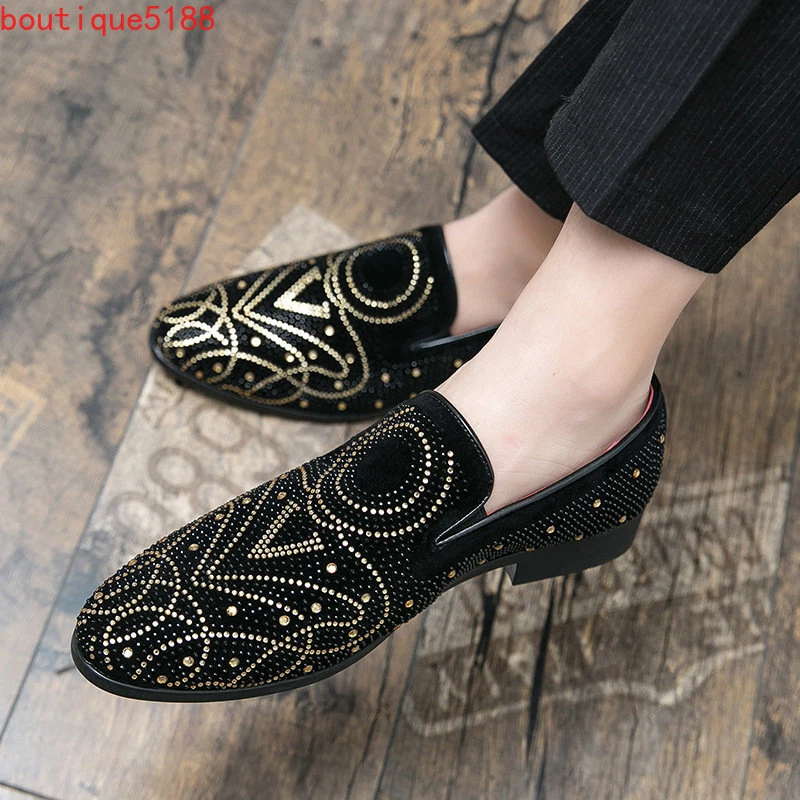 Men Pointed Toe Loafers Shoes Low Top Rhinestone Casual Clubwear