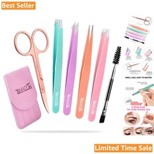 6-Piece Multi-Colored Eyebrow Tweezers Set with Curved Scissors & Travel Case