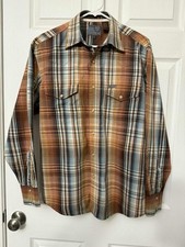 "Cowboy" Western Mens Long Sleeve Brown Plaid Shirt Pearl Snap buttons Size Med
