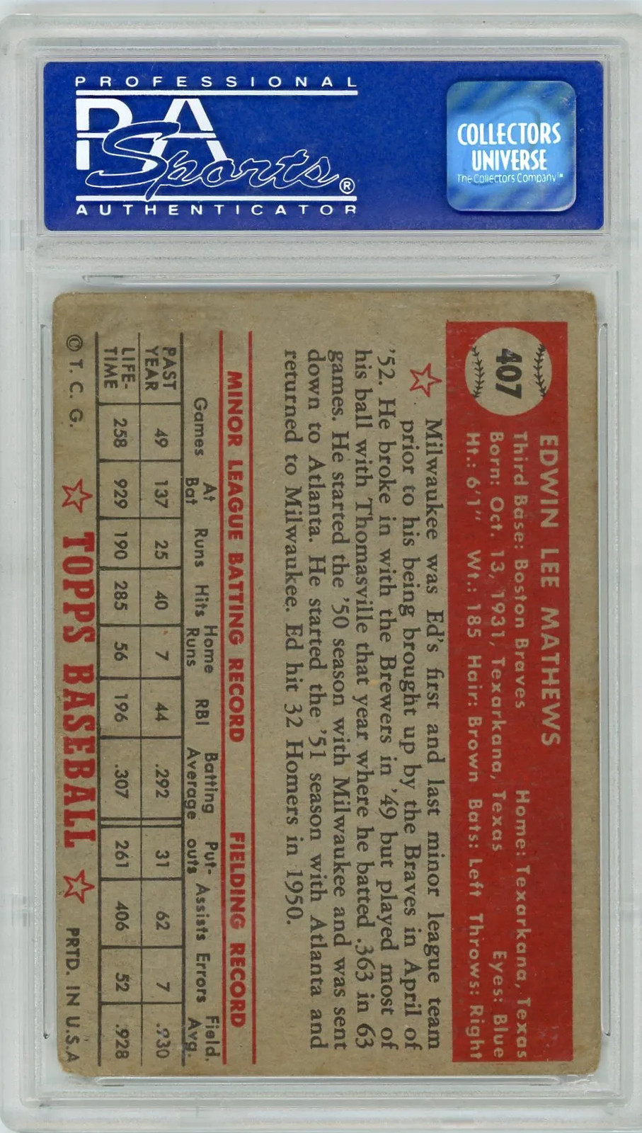1952 Topps Ed Mathews #407 PSA 1 view 2