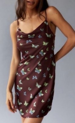 Urban Outfitters Mallory Butterfly Satin Cowl Neck Slip Mini Dress Sz S Boho