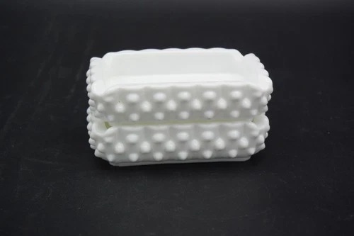 Set Of 2 Fenton #3693 Hobnail Milk Glass Ashtray Soap Dish Rectangle Milk Glass