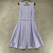 Talbots Shirt Dress Womens 8 Blue White Striped Fit Flare Belted Knee Length