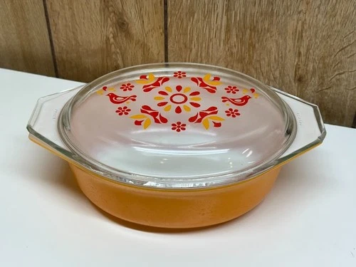 Vintage Pyrex Orange Round Casserole 471 Pint Friendship Birds Clear Lid 470-C