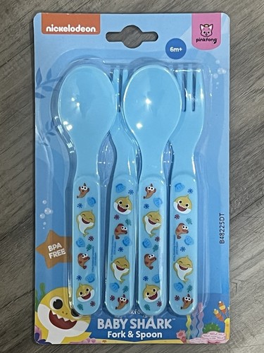 Baby Shark Fork & Spoon Set of 4 Blue Toddler Kids Cutlery BPA Free pinkfong - Afbeelding 2 van 6