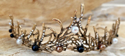 Tiara Antique Brass Leaves Black & White Crystal Adult Prom Queen Goth Wedding