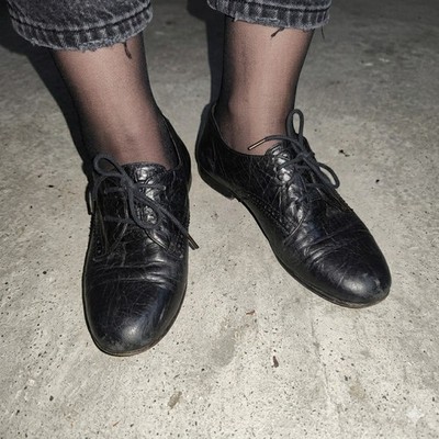 Balenciaga Oxford Womens 36 Black Crinkled Leather Wingtip Brogue Flat Designer