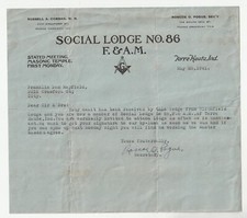 1941 ACCEPTANCE LETTER SOCIAL MASONIC LODGE #86 TERRE HAUTE INDIANA - SIGNATURE