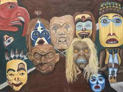 Pacific Northwest Native American Totem Images. Original Oil Painting On Board.