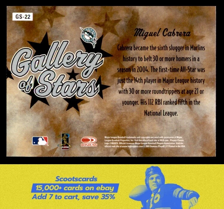 2005 Donruss Diamond Kings Miguel Cabrera Gallery of Stars card #GS-22 Marlins - Image 2 of 2