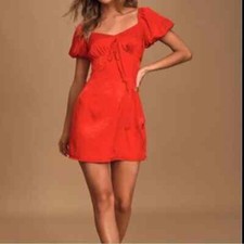 Lulus Petal in All Red Floral Jacquard Satin Puff Sleeve Dress s