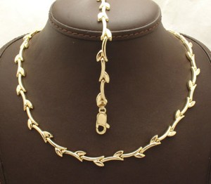 Authentic Shiny Tree Branch Leaf Bracelet Necklace Set 14K Yellow Gold Plated Silver 925