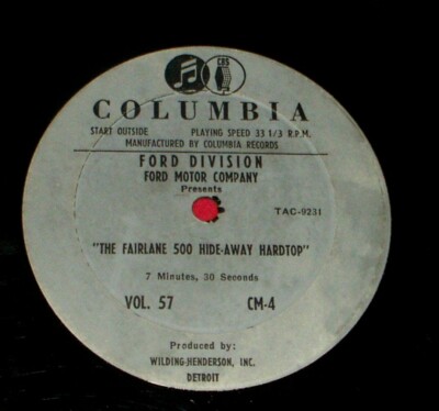 THE FORD FAIRLANE 500 Hide-Away Hardtop CAR PROMO 10'' RECORD FORD MOTORS RARE