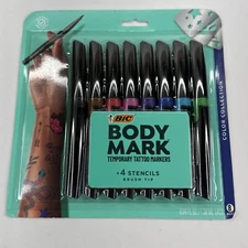 BIC BodyMark Temporary Tattoo Marker, Assorted Colors, 8-Count Pens + 4 Stencils