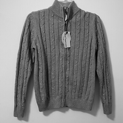 Kid Nation Boys Cardigan Full Zip 100% Cotton Cable Knit Sweater Gray XL  NWT