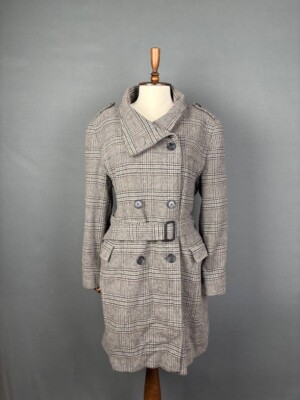 Barbour Womens Trench Coat Size 42 Gray Plaid Wool Long Sleeve