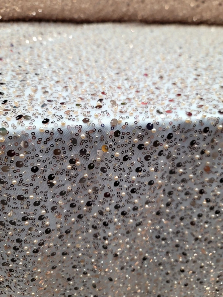 Beaded Design Rose Gold Sequin Embroidered Elegant Beads Mesh Fabric By The Yard - Image 3 of 4