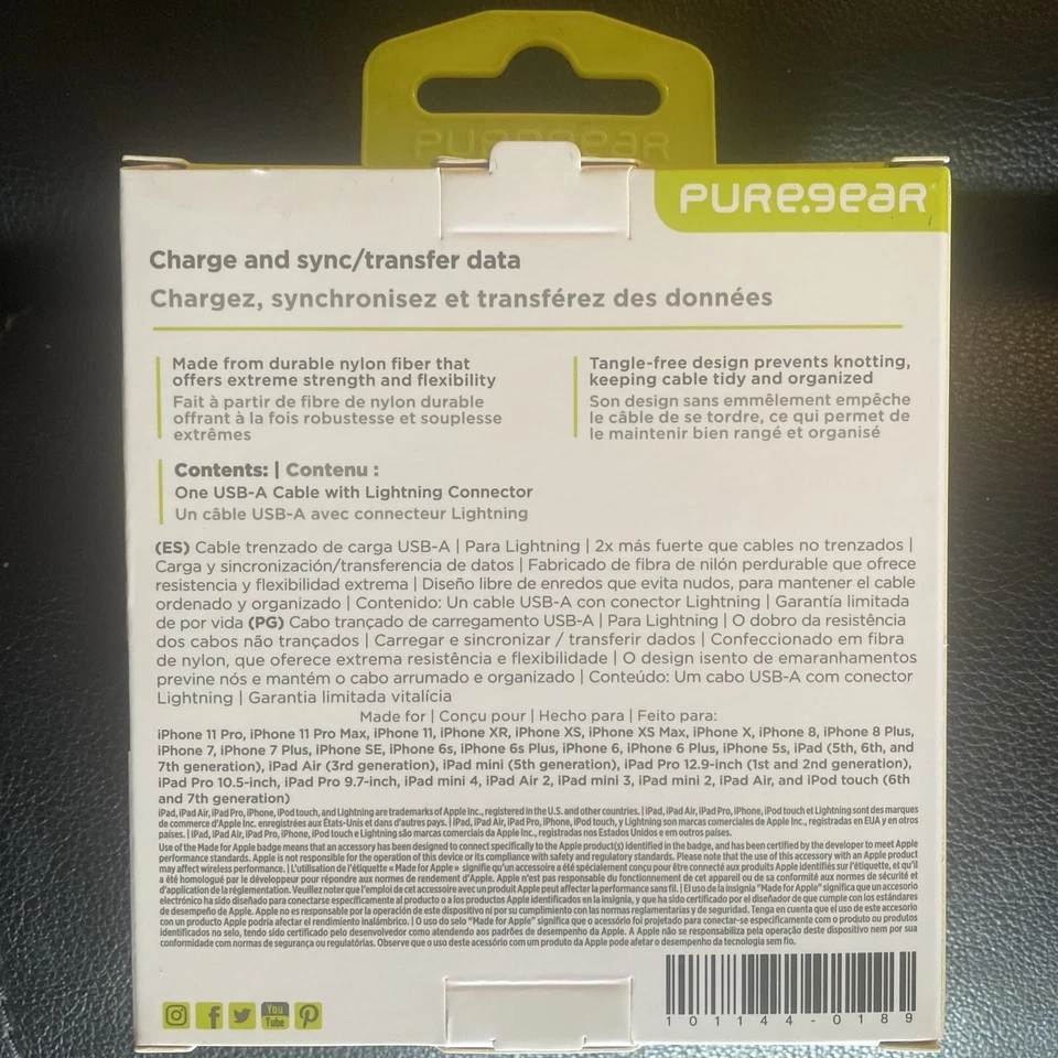 Cable trenzado 4-PureGear 4 pies iPhone a USB-A - plateado.(4 cables) Foto 2 de 3