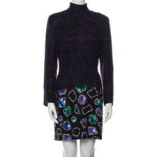 Bob Mackie jewel tone beaded mini dress long sleeve, high neck purple green