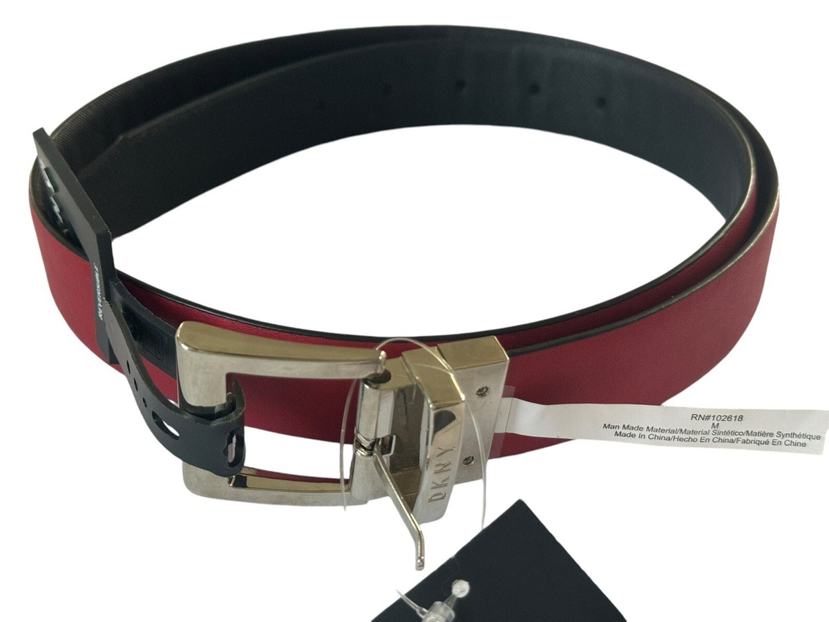 NWT Dkny Womens Medium Reversible Belt Black Red Square