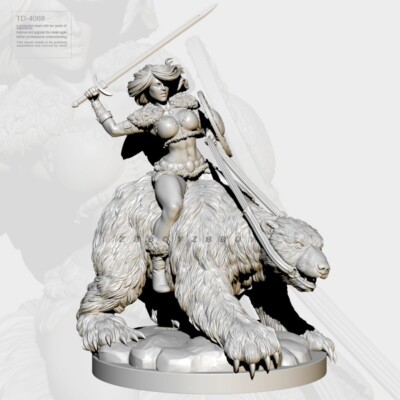 1:24 75mm resin figure model Bear Riding Female Swordsman Unassembled Unpainted