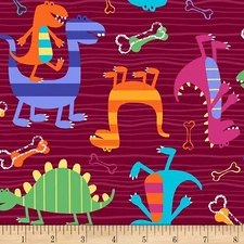 Michael Miller Dino World Dino Dudes Burgundy Cotton Fabric By Yard