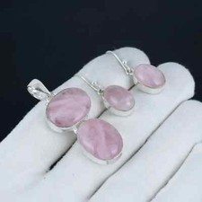Rose Quartz Gemstone 925 Sterling Silver Pendant, Earrings Set Handmade Jewelry
