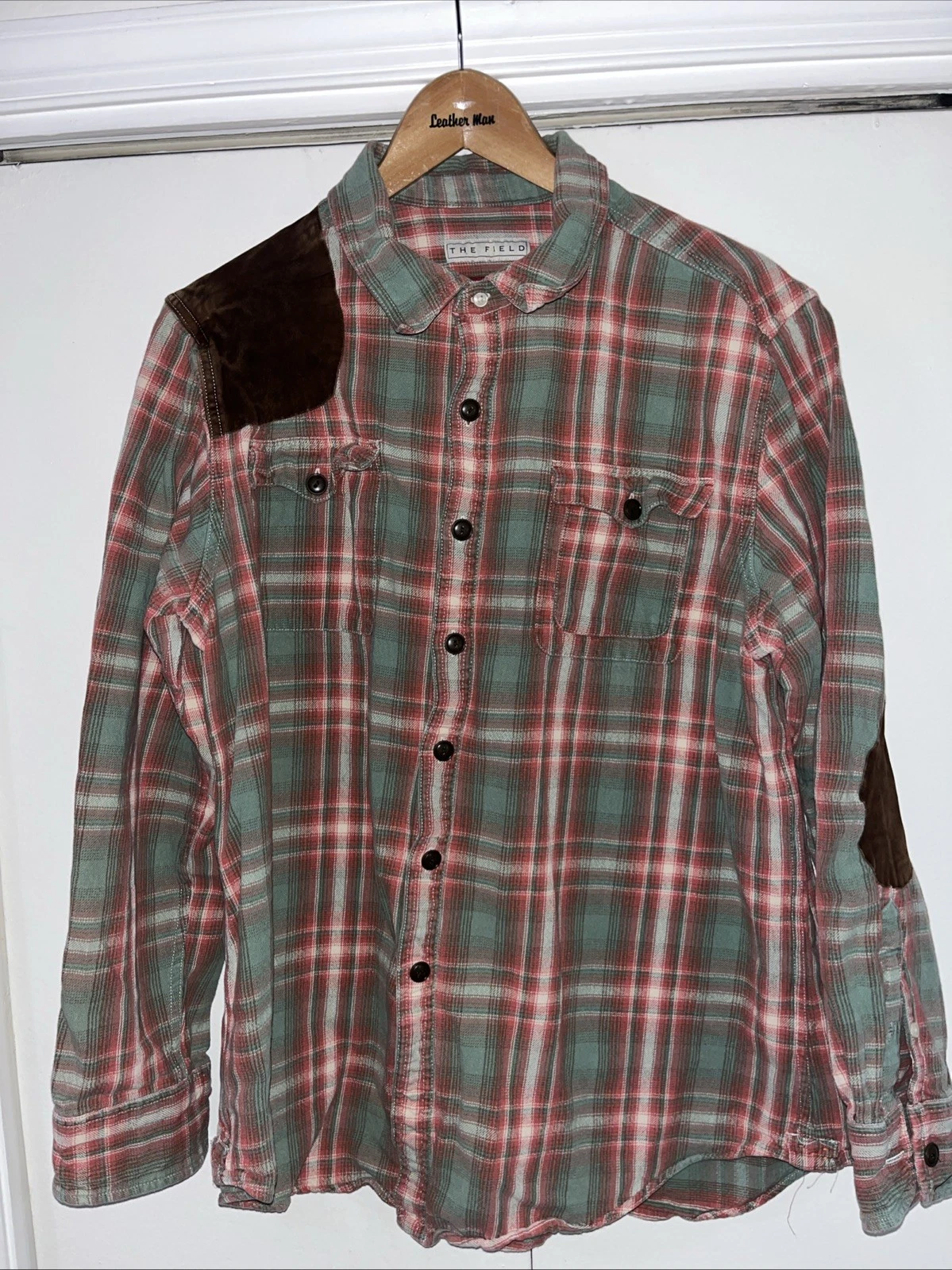 The Field Shirt Men Orange Green Plaid Padded Elbows Button Up Flannel Cotton