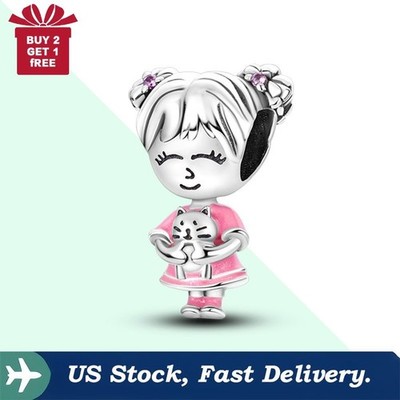 KUNSIR 925 Sterling Silver DIY Charm Girl Holding Kitten Bead Charm For Bracelet