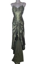 Vtg 90s Tony Bowls Sz 10 Womens Green Studded Satin Draped Whimsigoth Slip Dress