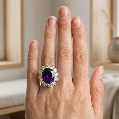 Brilliant Indigo Violet Amethyst 12.10Ct 925 Sterling Silver 24K Gold Halo Rings