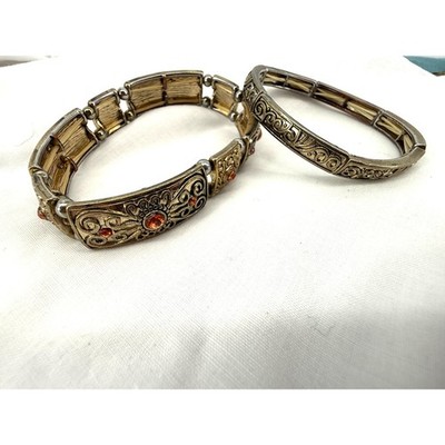 Vintage Expandable Filigree Rhinestone Bracelets Lot 2 Boho Stretch Bangles