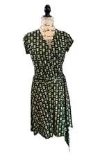 AB Studio Women's XL Green Retro Geometric Faux Wrap Midi Dress Short Sleeve USA