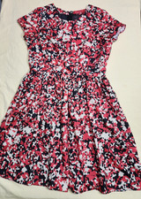 Red Saks 5TH Ave Dress Women Large White Black Pink Print 1/4 Zip Back Lined