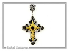Garnet Byzantium cross on oxidized sterling silver 18ct g... filled. Natural