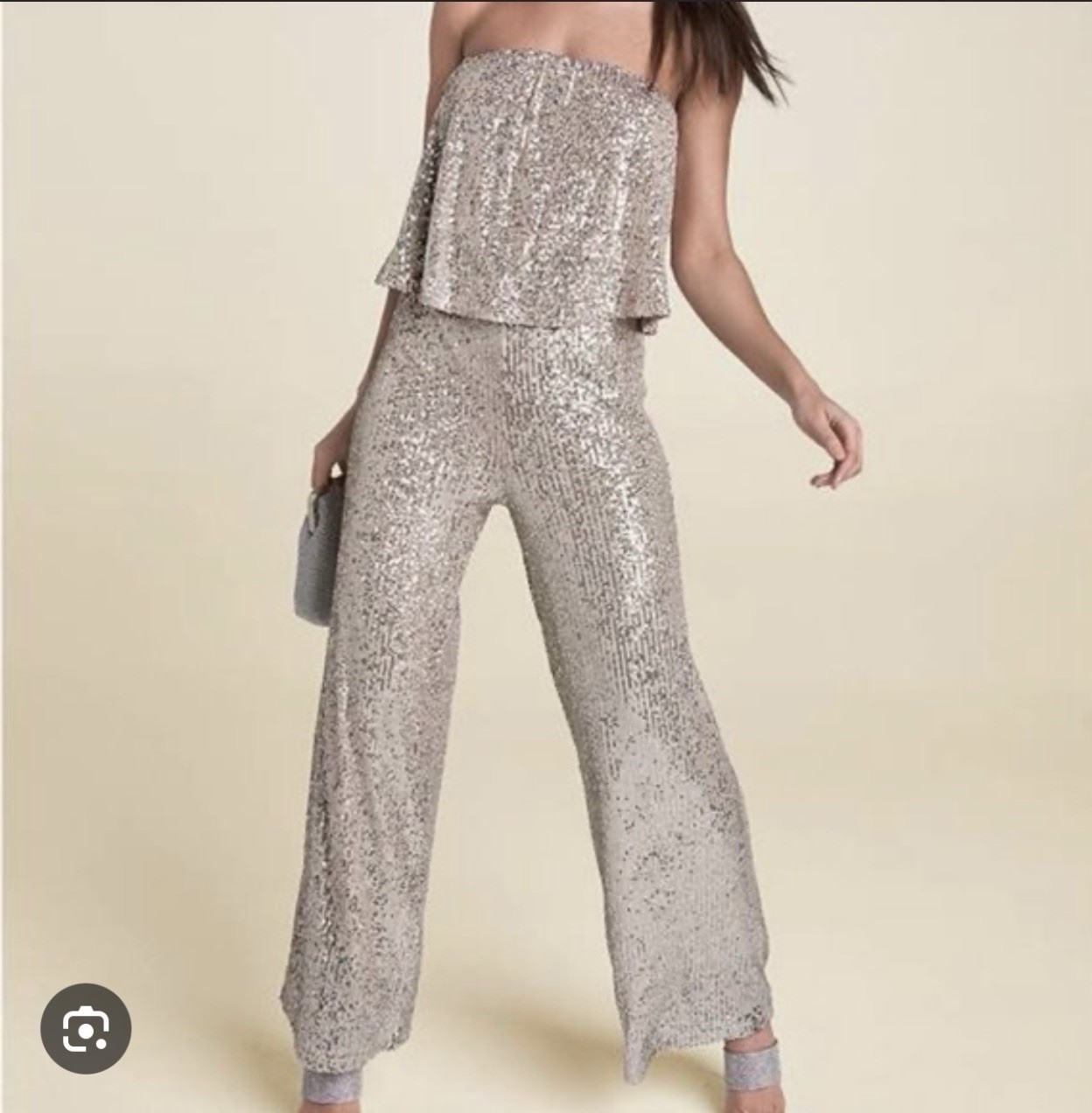 VENUS Silver Sequined Strapless Wide-Leg Elastic Waist Jumpsuit L