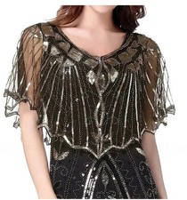 Womens Black Sheer Gold Sequin Bling Shawl Wrap Bolero Cape Evening Gown Topper