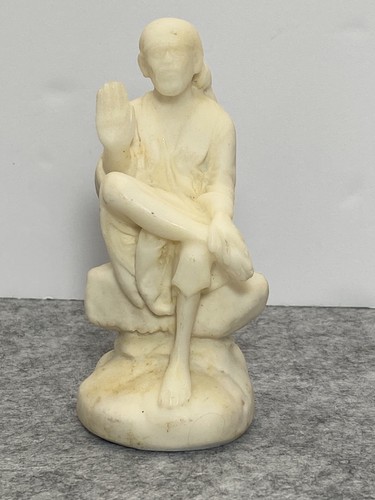 Shirdi Sai Baba Statue- Seated Blessing Figurine- 4.5" White Poly-Marble
