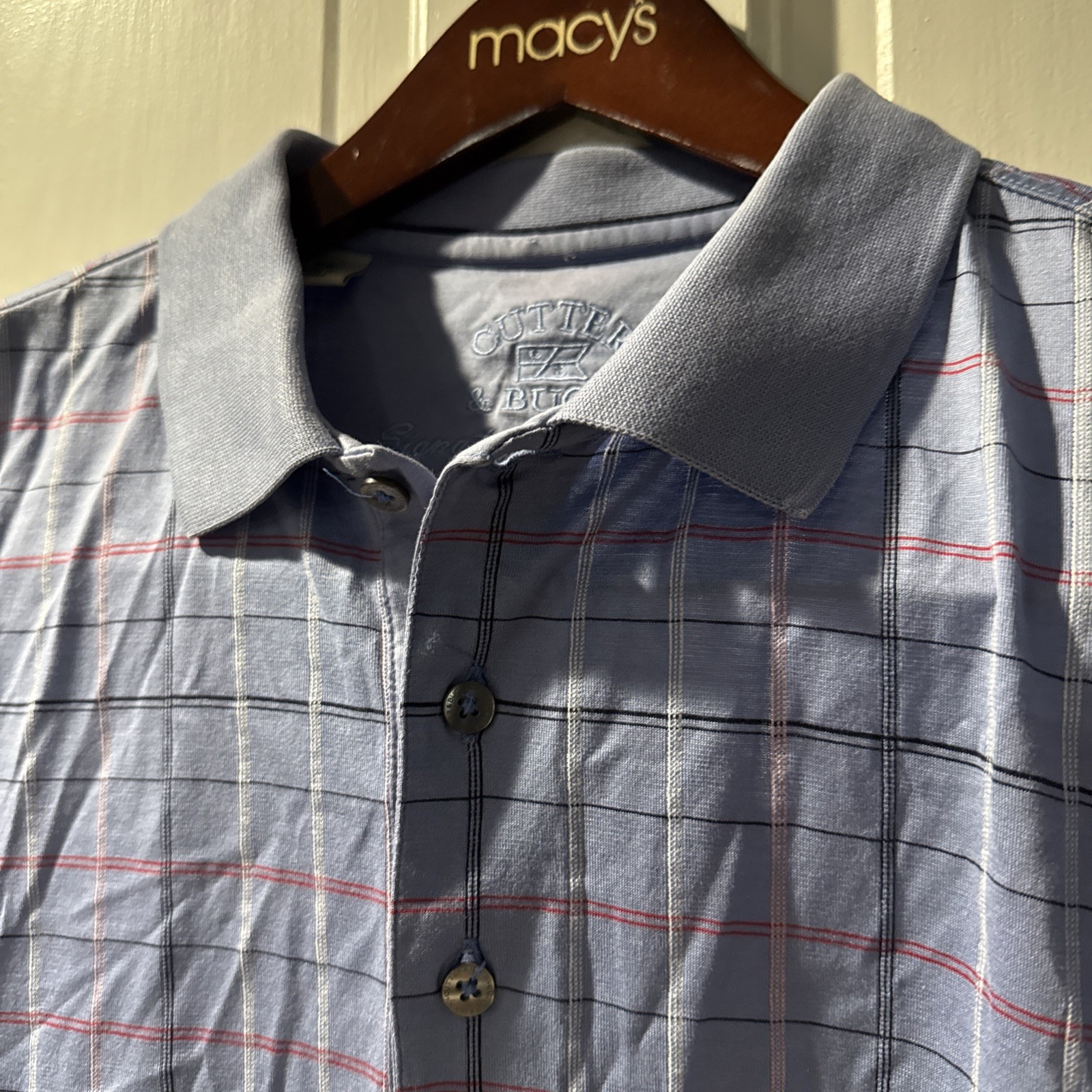 Cutter & Buck Polo Shirt Mens Med Blue Plaid Signature Collection short sleeve