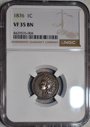 NGC VF-35 BN 1876 Indian Head Cent, Strongly Detailed, Nearly XF specimen.