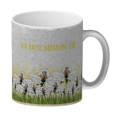 Glitzer-Kaffeebecher mit Wiesen-Motiv, Biene und witzigem Spruch fürs Büro oder