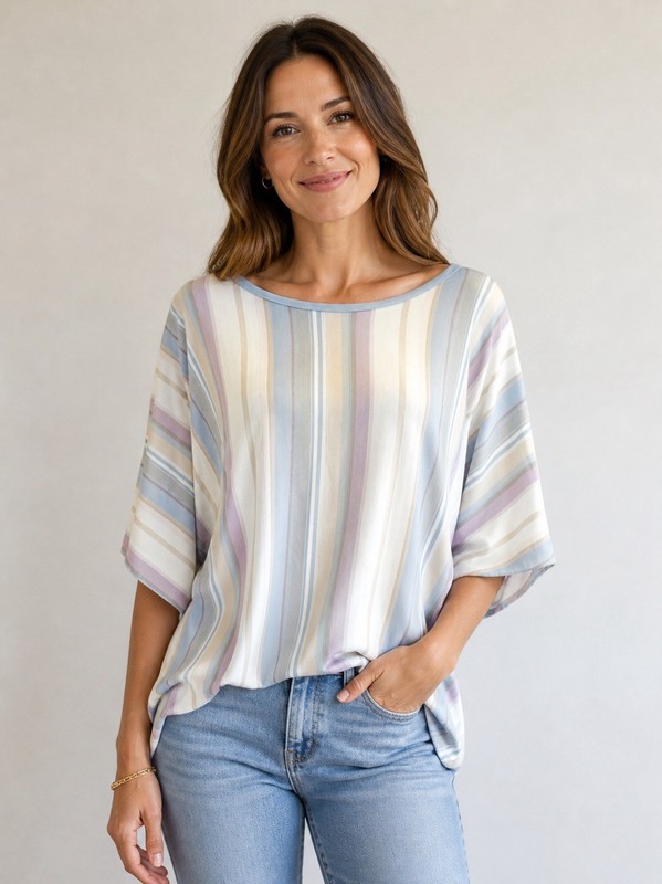 NWT  Top Blouse Scoop Neck Dolman like Sleeves Blue Gray Multicolor Stripes sz L