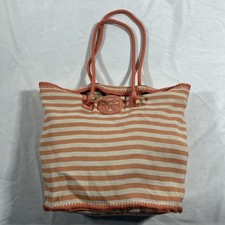 Tory Burch Striped Canvas Tote Bag Orange White Rope Handle Leather Logo Large