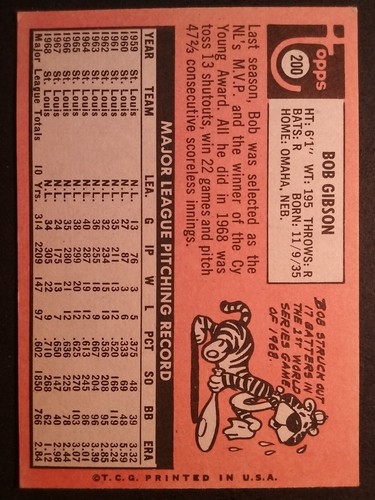 Topps Baseball #200 1969 Bob Gibson Cardinals excelente - Imagen 2 de 3