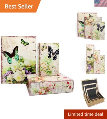 Set of 3 Vintage Decorative Book Boxes with Floral Pattern & Secret Compartment
