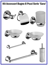 Kit Accessori da Bagno Set Completo 8 Pezzi Serie Sara + Portascopino in Acciaio