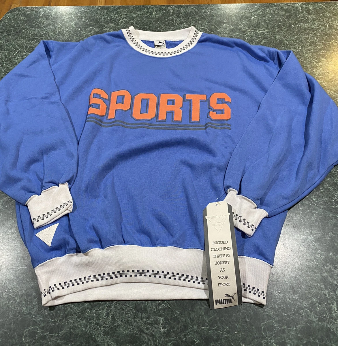 Vintage 80s Puma Sport Spellout Baby Blue Sweatshirt Size Large BRAND NEW w Tag